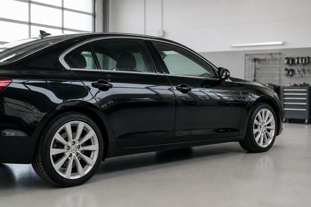 Black sedan with a flawless repaired door and polished finish.