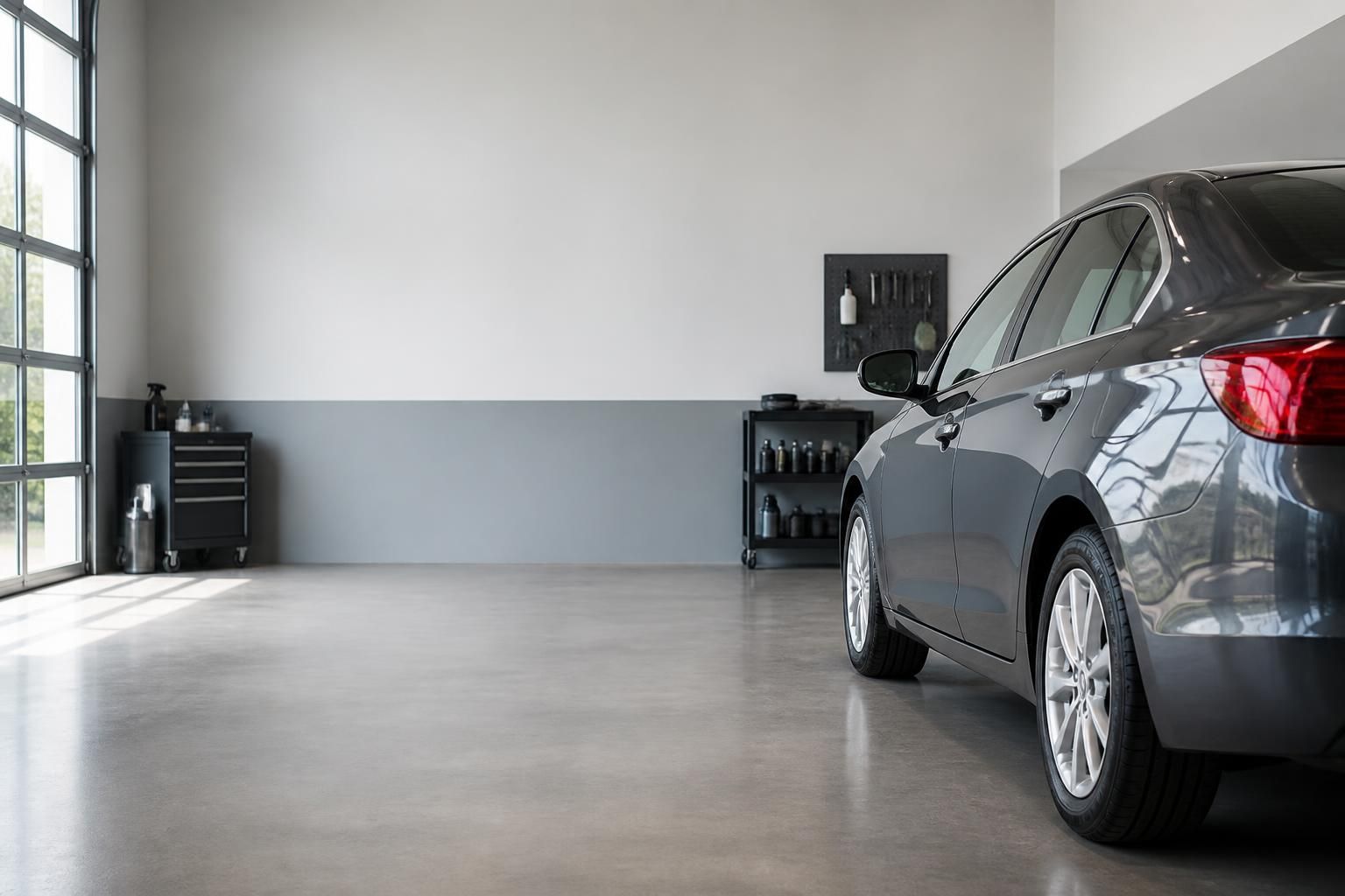 Polished vehicle in a clean repair space with open negative space.